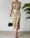 Slit One Shoulder Short Sleeve Midi Dress