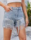 Distressed Pearl Trim Denim Shorts with Pockets