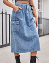 Slit Buttoned Denim Skirt with Pockets