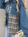 Plaid Pocketed Button Up Denim Jacket
