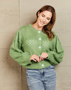 Woven Right Openwork Pompom Puff Sleeve Cardigan