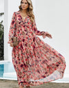 Floral Frill Trim Flounce Sleeve Plunge Maxi Dress