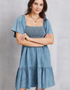 Smocked Square Neck Mini Denim Dress