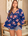 Plus Size Printed Tie Neck Balloon Sleeve Blouse