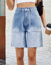 Buttoned Raw Hem Denim Shorts with Pockets