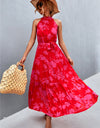Printed Sleeveless Tie Waist Maxi Dress
