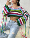 Fringe Striped Round Neck Knit Top