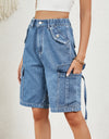 Buttoned Elastic Waist Denim Shorts with Pockets