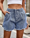 Elastic Waist Raw Hem Denim Shorts