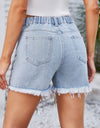 Distressed Pearl Trim Denim Shorts with Pockets