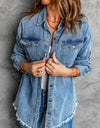 Button Up Pocketed Raw Hem Denim Jacket