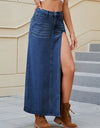 Slit Buttoned Denim Skirt with Pockets
