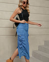 Drawstring Ruched Slit Denim Midi Skirt