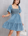Smocked Square Neck Mini Denim Dress