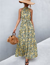 Printed Sleeveless Tie Waist Maxi Dress