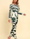 Printed Backless Long Sleeve Maxi Dress