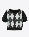Argyle Round Neck Ribbed Trim Cardigan