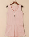 Waffle-Knit Half Button Sleeveless Romper with Pockets