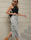 Drawstring Ruched Slit Denim Midi Skirt