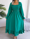 Smocked Square Neck Flounce Sleeve Dress