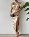 Slit One Shoulder Short Sleeve Midi Dress