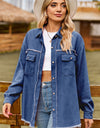 Button Up Collared Neck Raw Hem Denim Top