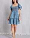 Smocked Square Neck Mini Denim Dress