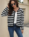Striped Round Neck Button-Down Dropped Shoulder Cardigan