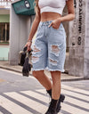 Raw Hem Distressed Denim Shorts with Pockets