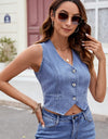 Button Up V-Neck Sleeveless Denim Top