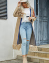 Geometric Fringe Hem Open Front Duster Cardigan