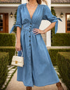Plunge Button Up Half Sleeve Denim Dress