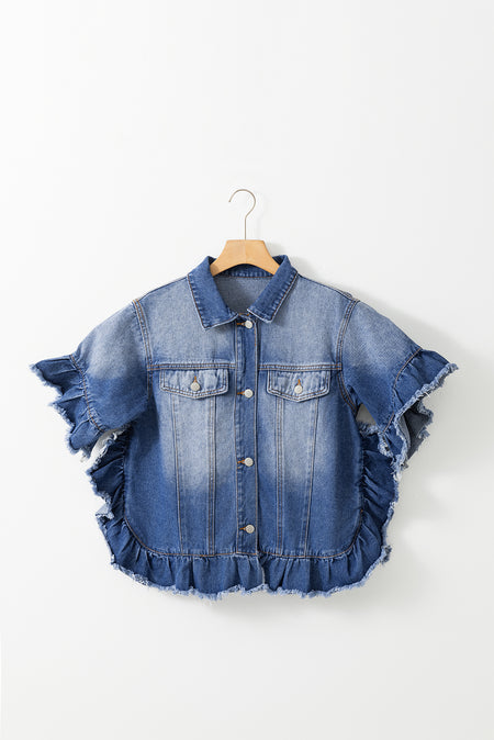 Ruffled Raw Hem Half Sleeve Denim Top