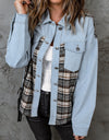 Plaid Pocketed Button Up Denim Jacket