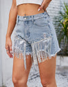 Distressed Pearl Trim Denim Shorts with Pockets