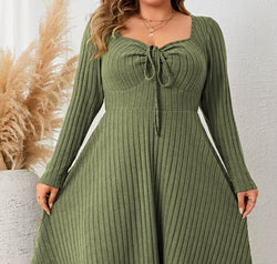 Honey Plus Size Sweetheart Neck Long Sleeve Ribbed Dress