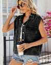 Pocketed Button Up Sleeveless Denim Jacket