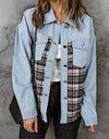 Plaid Pocketed Button Up Denim Jacket