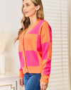Woven Right Checkered V-Neck Dropped Shoulder Cardigan