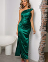 One-Shoulder Ruched Slit Maxi Dress