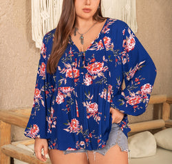 Plus Size Printed Tie Neck Balloon Sleeve Blouse