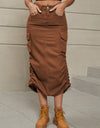 Drawstring Ruched Slit Denim Midi Skirt