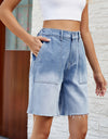 Buttoned Raw Hem Denim Shorts with Pockets