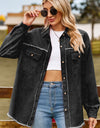 Button Up Collared Neck Raw Hem Denim Top