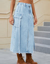 Slit Pocketed High Waist Denim Skirt