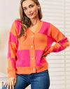 Woven Right Checkered V-Neck Dropped Shoulder Cardigan