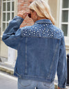 Pearl Detail Collared Neck Long Sleeve Denim Jacket