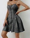Ruched Zip Up Spaghetti Strap Denim Dress