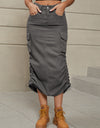 Drawstring Ruched Slit Denim Midi Skirt