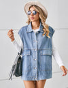 Pocketed Button Up Sleeveless Denim Jacket